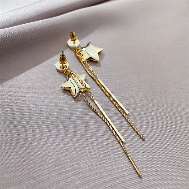 New Japanese And Korean Simple Five-pointed Star Tassel Earrings High-end Long Fashion Earrings display picture 6