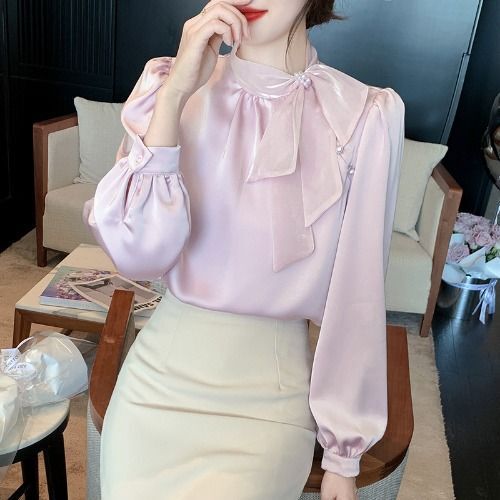 French Bow Ribbon Shirt, Feminine, Glossy, Super Fairy Shirt, Spring and Autumn Chiffon Long-Sleeved Top