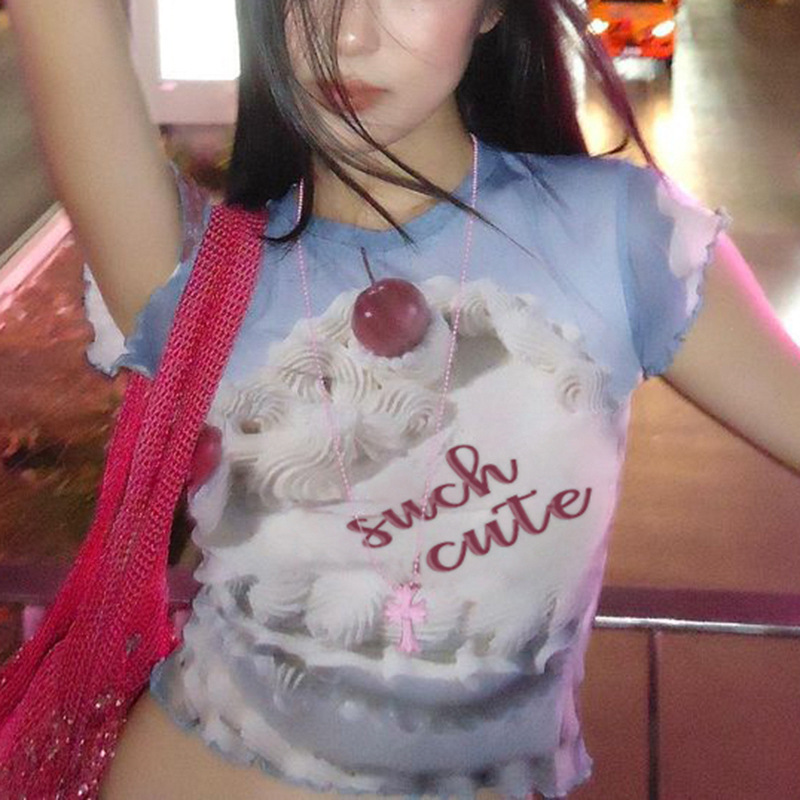 Sweet Style Round Neck Sleeve Cherry Cake Blue T-shirt Ins Fashion Summer Ear Edge Navel Hot Girl Top