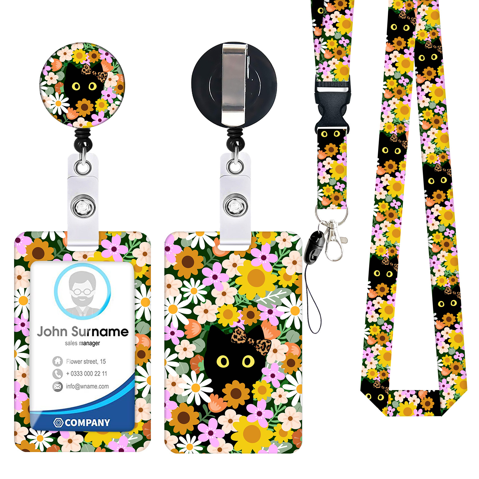 Amor gato negro mariposa flor impresión en color retráctil fácil tire hebilla teléfono móvil ID hebilla cordón titular de la tarjeta