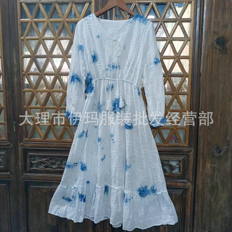 Yunnan Dali Artistic Handmade Tie-Dye dress V-neck Nine-point Sleeve Adjustable Waist Cotton Linen Long Dress Yunnan Dali Artistic Handmade Tie-Dye dress V-neck Nine-point Sleeve Adjustable Waist Cotton Linen Long Dress