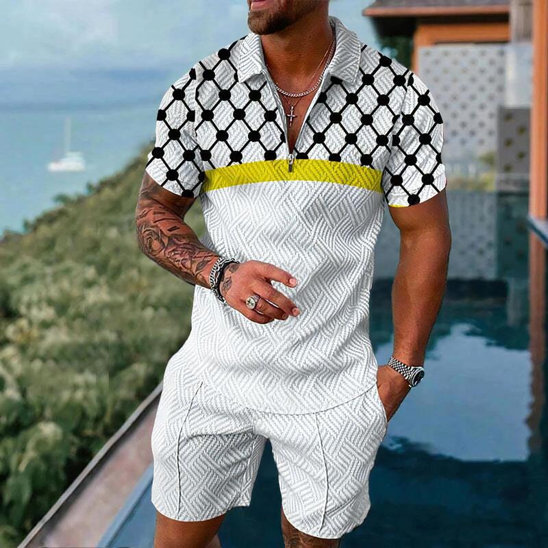 White Plaid Pattern Men's Polo Shirt Suit Casual Zipper Shirt + Shorts Sports Golf Stand Collar