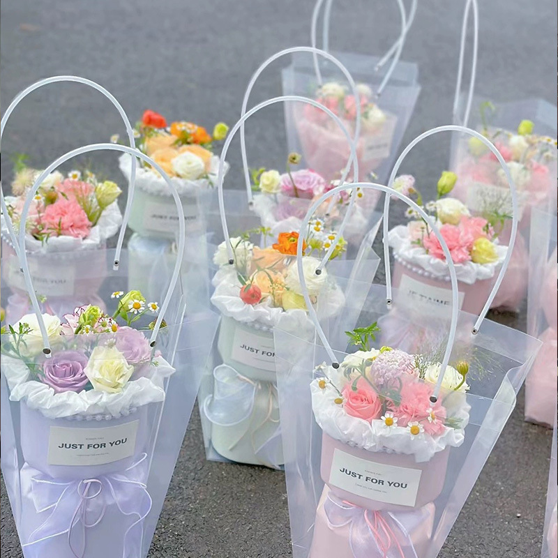 透明手提袋三八妇女节520七夕情人教师节鲜花包装袋小香风花束袋