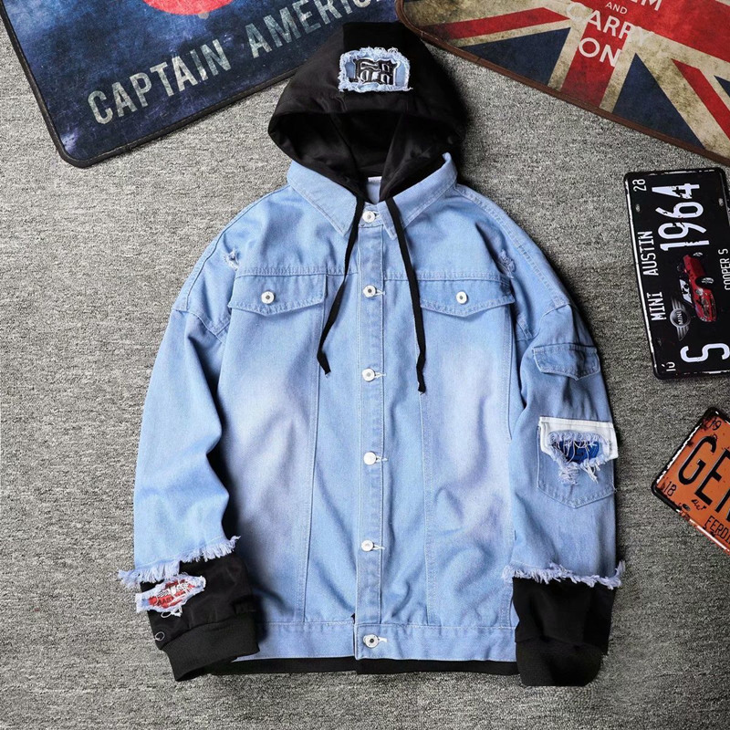 Men's Loose Fit Hooded Denim Jacket Korean Style Workwear Coat False Two-Piece Black Blue Autumn Streetwear with Tags_viptrois.com