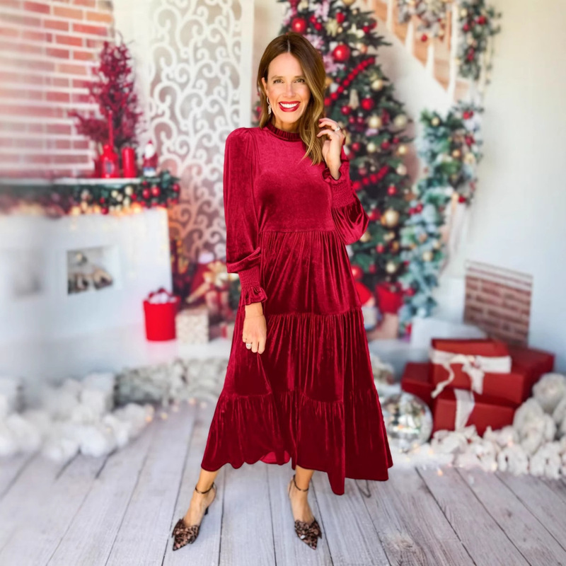 Cross-border foreign trade Europe and the United States long skirt 2024 new V-neck velvet loose multi-layer flounces plus size dress