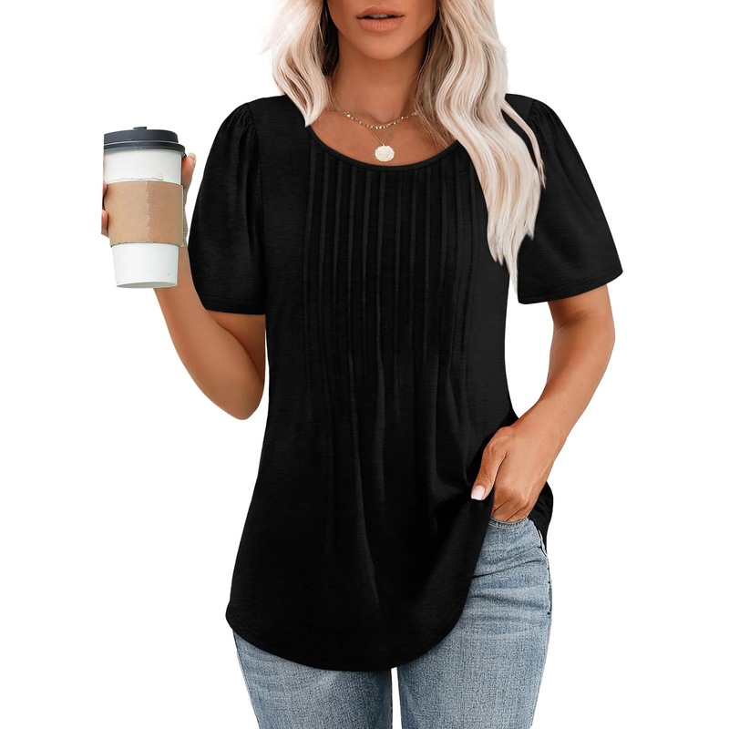 2025 アマゾン貿易ルーズヨーロッパとアメリカの新しいスタイルのプリーツラウンドネック半袖 Tシャツレディーストップストリップ無地婦人服|undefined