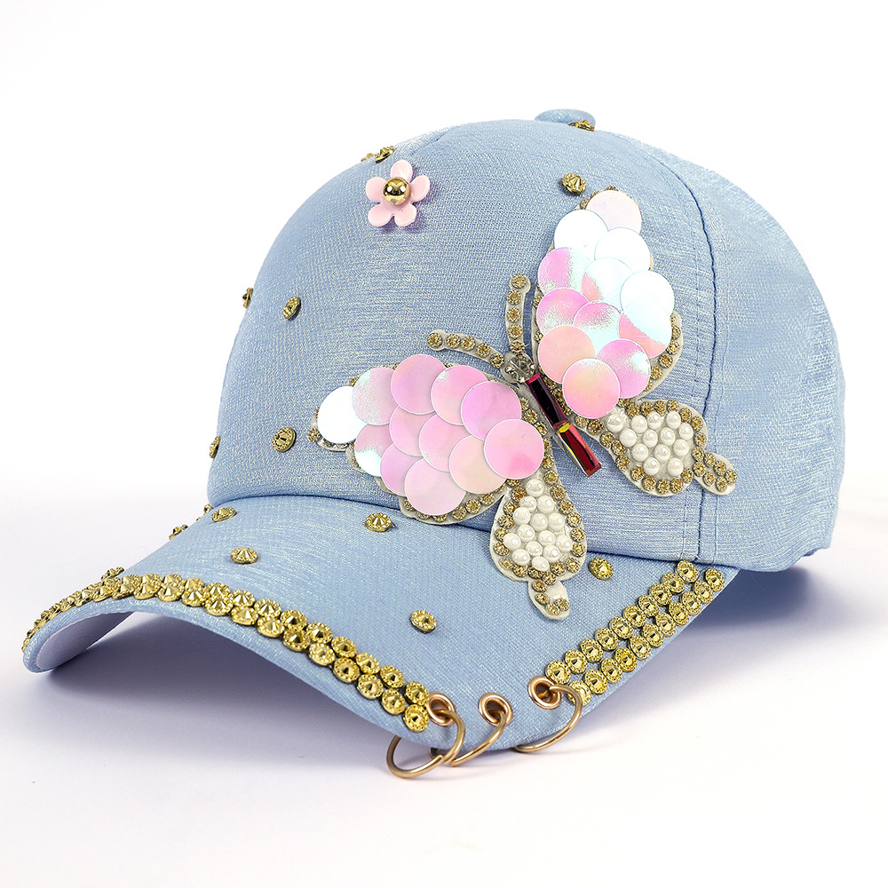 Diamante gorra de béisbol metal tres anillos mariposa rhinestone gorra de pico coreano lindo diamante incrustado sombrero para el sol al aire libre