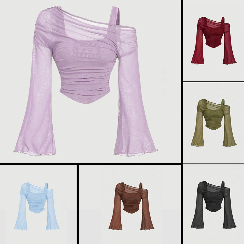 European and American Cross-Border Sexy Mesh Slanted Collar Pleated Long-Sleeved T-Shirt Feminine Elastic Slim Short Slanted Hem Top