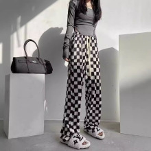 棋盘格阔腿裤女春秋春装高腰休闲拖地直筒黑白格子运动裤子休闲裤