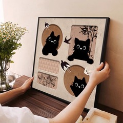 中古风客厅装饰画猫窗竹影小众艺术卡通正方形餐厅卧室玄关柜摆画