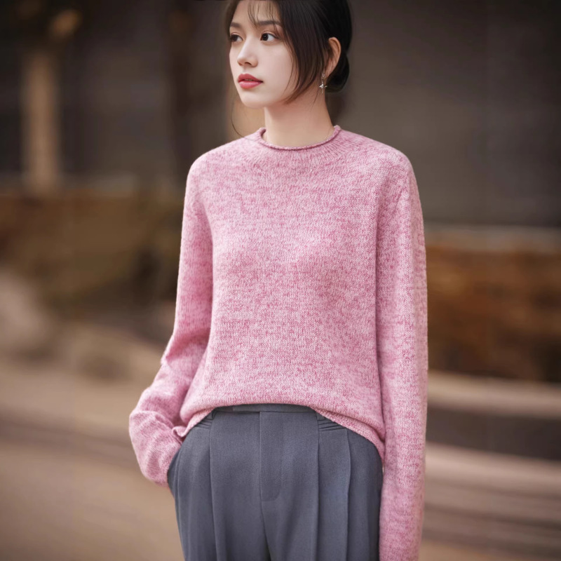 French-Style High-End Floral Yarn 100% Pure Wool Sweater for Women, Round Neck, Drop Shoulder Style, Thickened for Autumn and Winter, Warm and Loose-Fitting Base Sweater