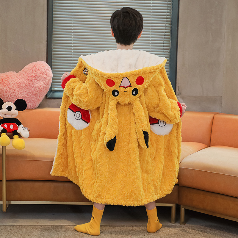 冬季男童睡袍加厚加绒珊瑚绒长款睡衣男孩儿童卡通法兰绒家居服套