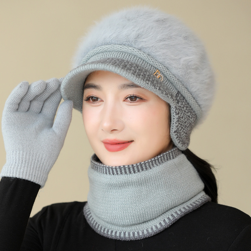 兔毛针织毛线帽子女秋冬季百搭冬天保暖帽妈妈中老年人护耳鸭舌帽|undefined