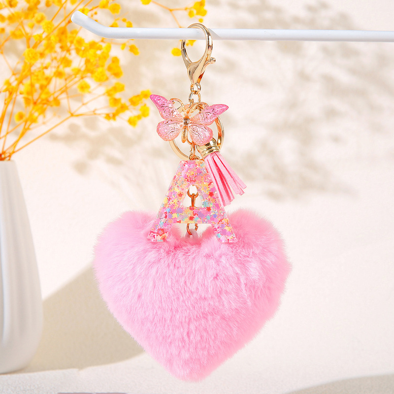Heart-shaped love hair ball initials key chain butterfly tassel 26 capital letters key chain girl friend gift