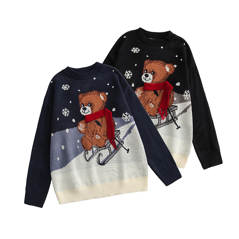 Vêtements pour hommes Heyhenry Pull de Noël Ours Flocon de neige Pull de dessin animé Couple Automne et hiver Nouvel âge Pull tricoté réducteur Hommes_voghion.com