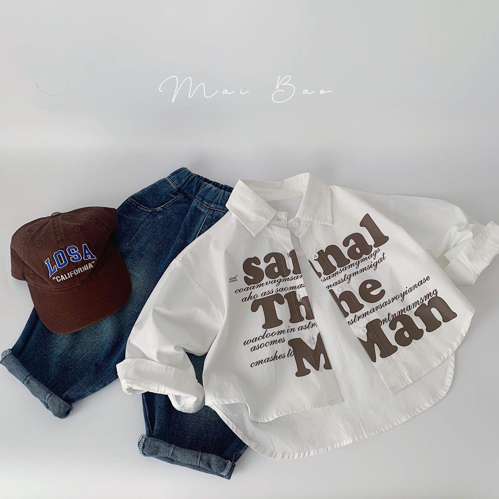 Maibao camisa de los niños 2024 primavera nuevos niños y niñas carta camisa solapa superior cardigan abrigo moda