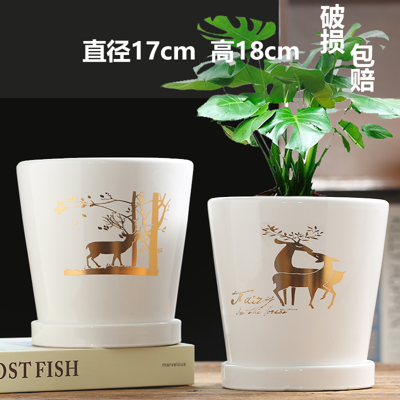 두 개의 큰 황금 꽃 꽃 꽃 사슴-세라믹-대형