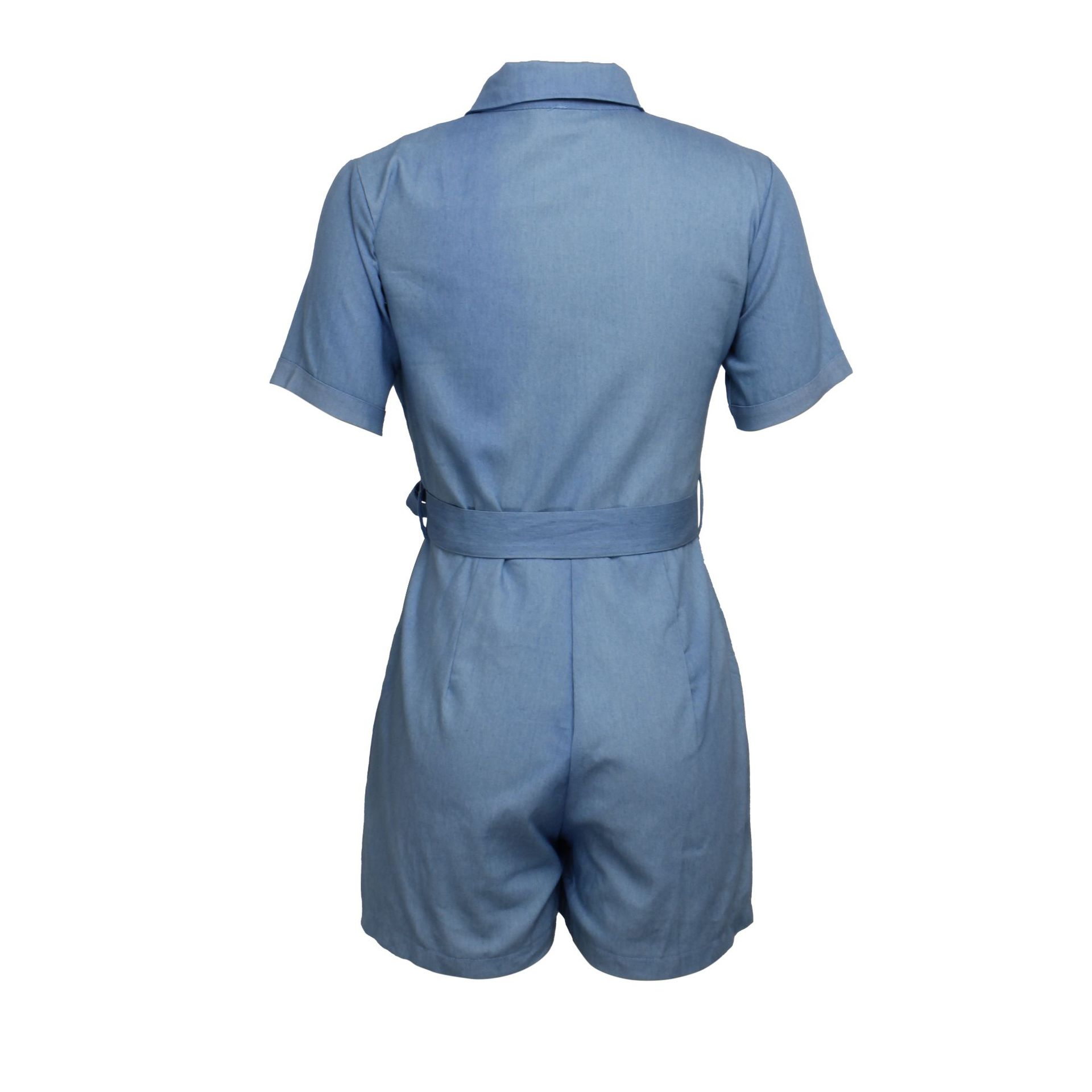 solid color single-breasted short sleeve denim jumpsuit NSMRF125188