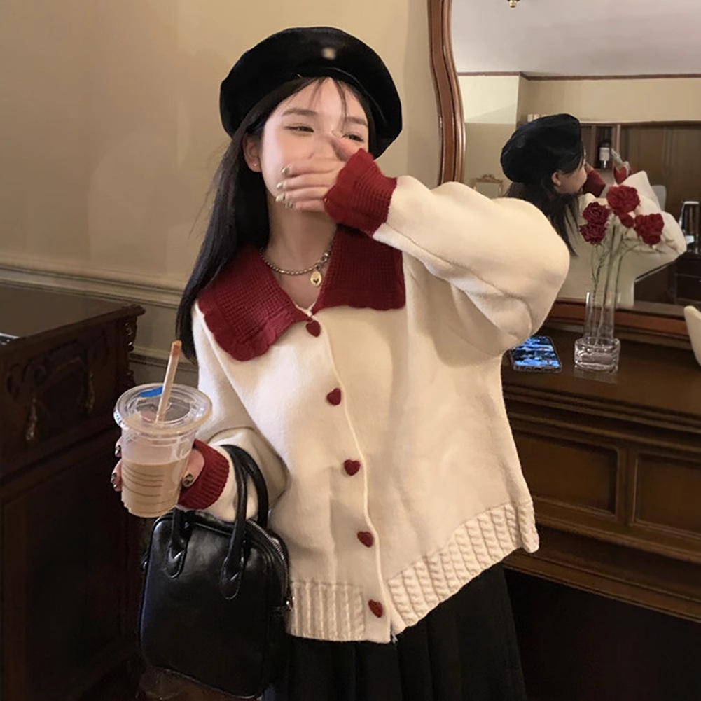 娃娃领红色毛衣秋冬2025新款撞色小众设计感短款针织开衫上衣女装