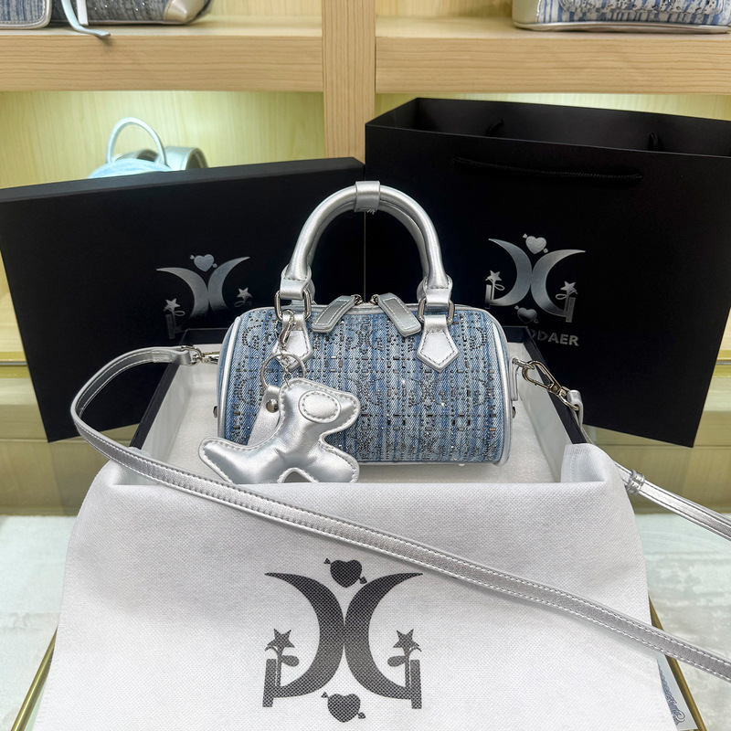 Dropshipping Luxury Blue Rhinestone-Embellished Boston Bag 2026 New Model High-End Commuter Handbag Cross-Border Wholesale