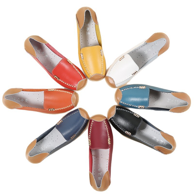 2023 Spring and Summer Cross-Border Large Size Flats Two-Layer Cowhide Mother's Shoes Nurse Shoes Lace-Up Flats Casual and Comfortable Beanie