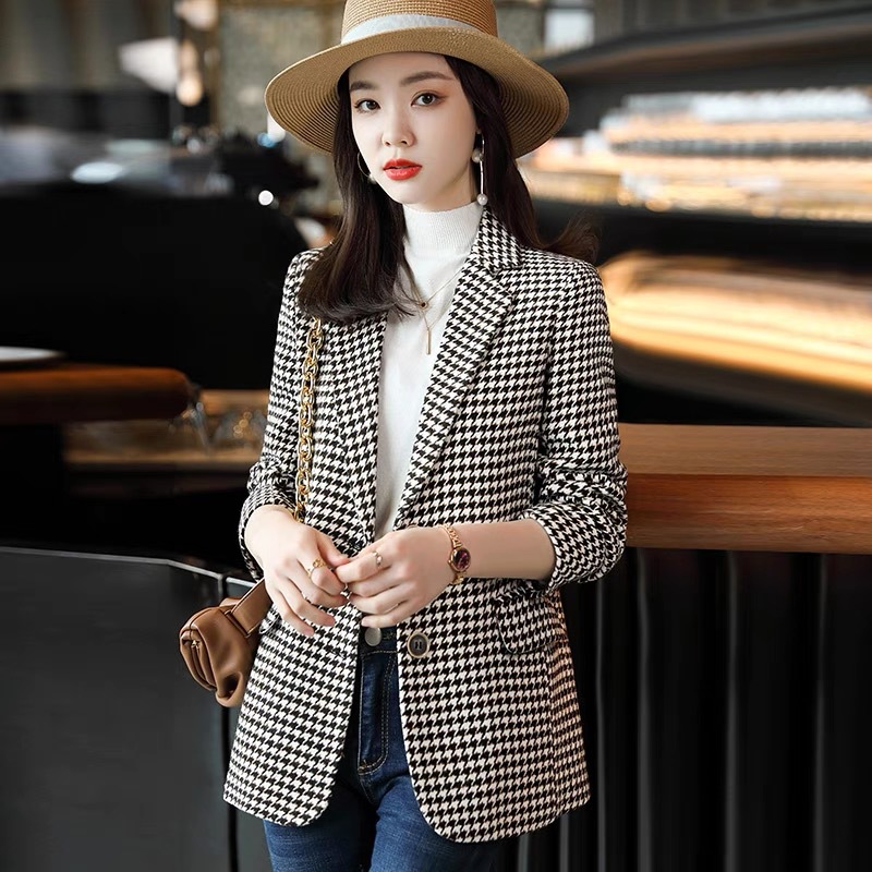 9595 Houndstooth Suit Jacket for Women 2025 New Casual Elegant Spring & Fall Small Suit with Lining Plaid Top