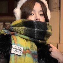 时尚韩版格子仿羊绒围巾冬季保暖加厚撞色彩色学生情侣围脖长巾