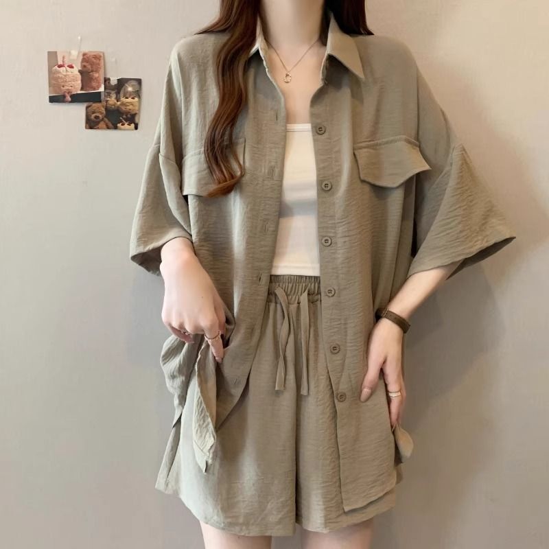 Plus-Size Summer Fashion High-End Slimming Shirt Two-Piece Set Stylish Casual Shorts Outfit for Women Plus-Size Summer Fashion High-End Slimming Shirt Two-Piece Set Stylish Casual Shorts Outfit for Women