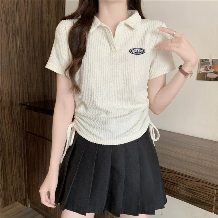 Large size American front shoulder polo neck short sleeved t-shirt for women 2024 new summer chubby mm top design_voghion.com