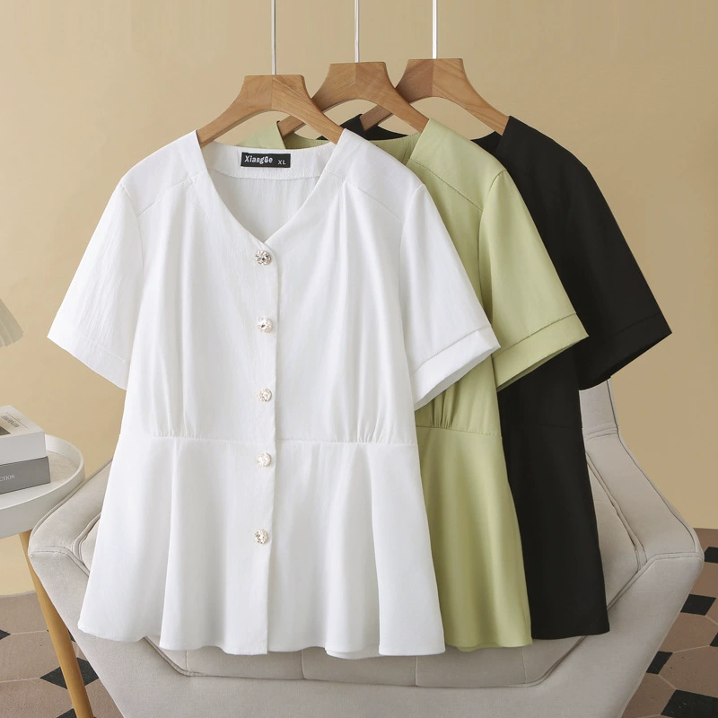 2025 новая женская рубашка больших размеров для полных мм, летняя французская нишевая дизайнерская тонкая рубашка с v-образным вырезом и короткими рукавами для женщин 948