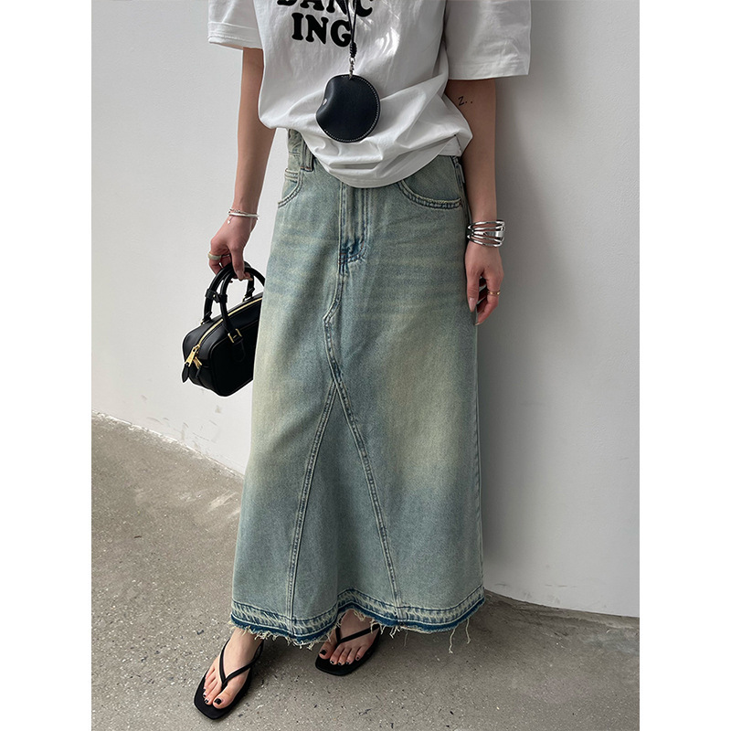 Icciic American Retro Style Hem with Frayed Edges and Distressed Finish, Large Flared Skirt 901467【Special Offer, No Returns or Exchanges】