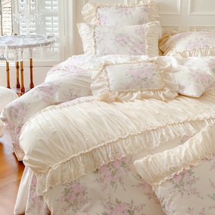 French Romantic Class a Baby-Grade Cotton Four-Piece Set, Skin-Friendly 100% Cotton Quilt Cover, Naked Sleeping Bed Skirt, Bedding