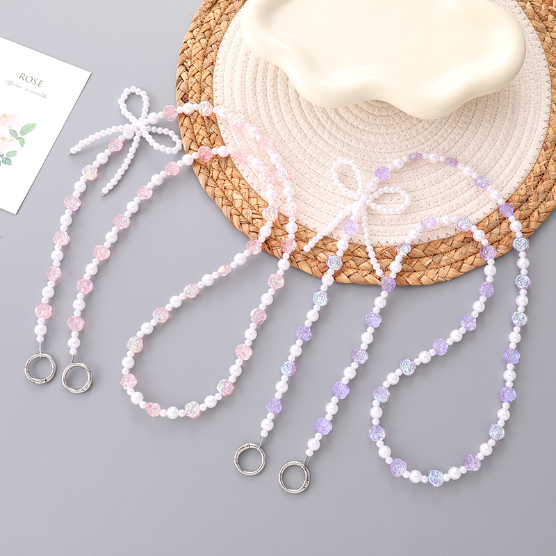 Nuevo colgante de rosa chapado en color, cadena de mensajero de lazo con cuentas hecha a mano, bolsa de teléfono móvil, cadena de reemplazo anti-pérdida