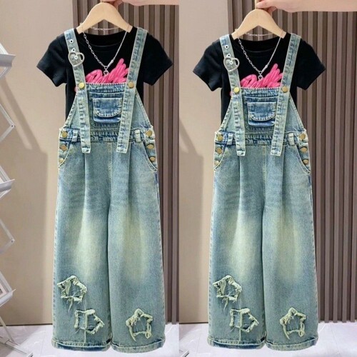 Girls' Denim Overalls Set: Stylish Spring/Fall & Summer Wear, Loose Fit, Perfect for Trendy Older Kids