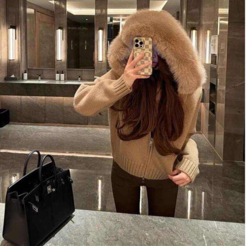 Cross-Border Foreign Trade Autumn and Winter New Style Hooded Knit Sweater with Large Fur Collar, Women's Versatile Hooded Cardigan Cross-Border Foreign Trade Autumn and Winter New Style Hooded Knit Sweater with Large Fur Collar, Women's Versatile Hooded Cardigan