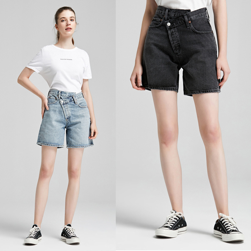 Ag007 Dark Gray Ag008 Light Blue European and American Ag Same Style Cross-Waist Quarter Denim Shorts for Women Ag007 Dark Gray Ag008 Light Blue European and American Ag Same Style Cross-Waist Quarter Denim Shorts for Women