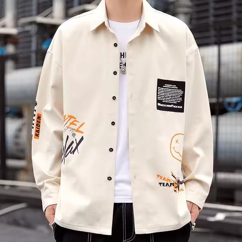 2024 Letter Long-Sleeved Shirt Japanese Style Hong Kong Style Ins Loose Shirt Boys Summer Trendy Versatile Casual Jacket