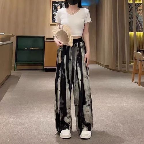 New National Style Ice Silk Chiffon Wide Leg Pants for Women - Summer Ink Painting Casual Pants with Fringe Draping Effect - High-Waisted Straight Leg Pants