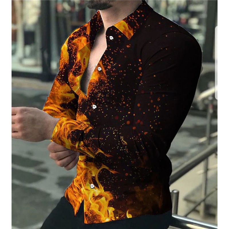 2025欧美男装衬衫秋季长袖翻领衬衫3d印花休闲衬衫男宽松男式衬衣|undefined