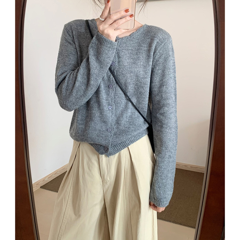 松弛感早秋新款木耳边糖果色针织衫女韩系纯色温柔马海毛毛衣开衫|undefined