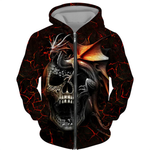 Coolest Skeleton Tattoo 3D Digital Printing Black Hooded Jacket for Men Gothic Zipper Sport Shirt
