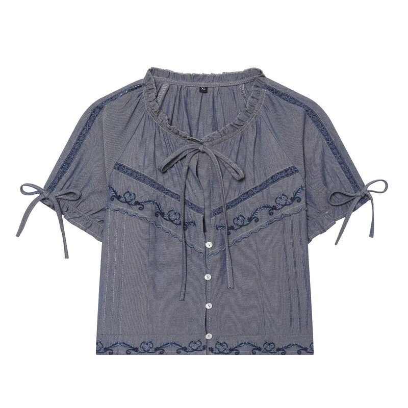 Myst&Za New Cross-Border Women's Clothing Retro Casual Round Neck Puff Short-Sleeved Bow Shirt 7521061