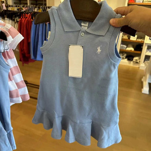 Lime Girl's Summer Polo Collar dress Summer New Children's College Style Blue Lapel Sleeveless Vest Dress