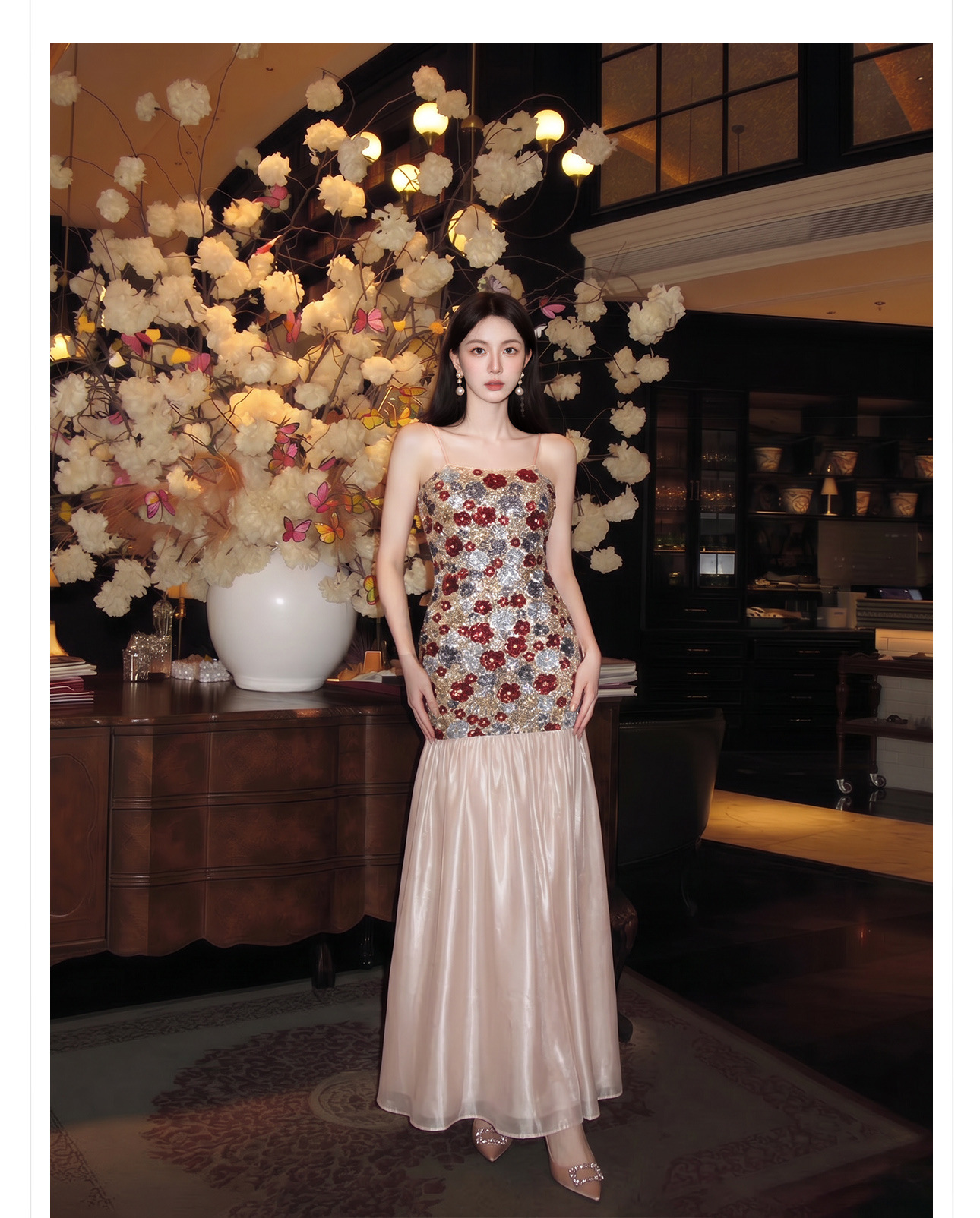 Bộ đầm dây maxi thêu ren kết hợp kim sa phong cách Tân Trung Hoa + áo khoác choàng vai — Trang chủ, bộ đồ, đầm dây chi tiết 6