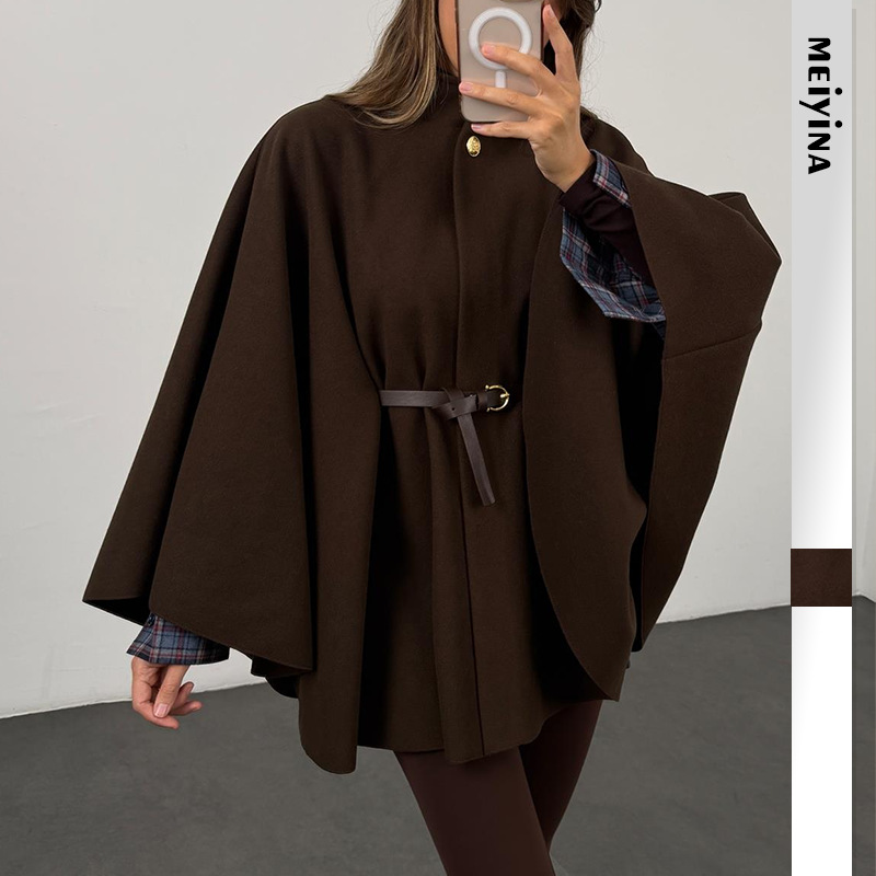 2025 European and American Cross-Border New Women's Winter Elegant Style Pure Color Waist Woolen Cloak Jacket Mid-Length