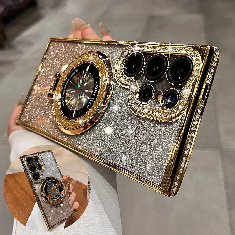 Funda protectora adecuada para Samsung S25, funda para teléfono S26 con orificios, soporte magnético transparente con diamantes de imitación para S24, funda brillante anticaída para A56.