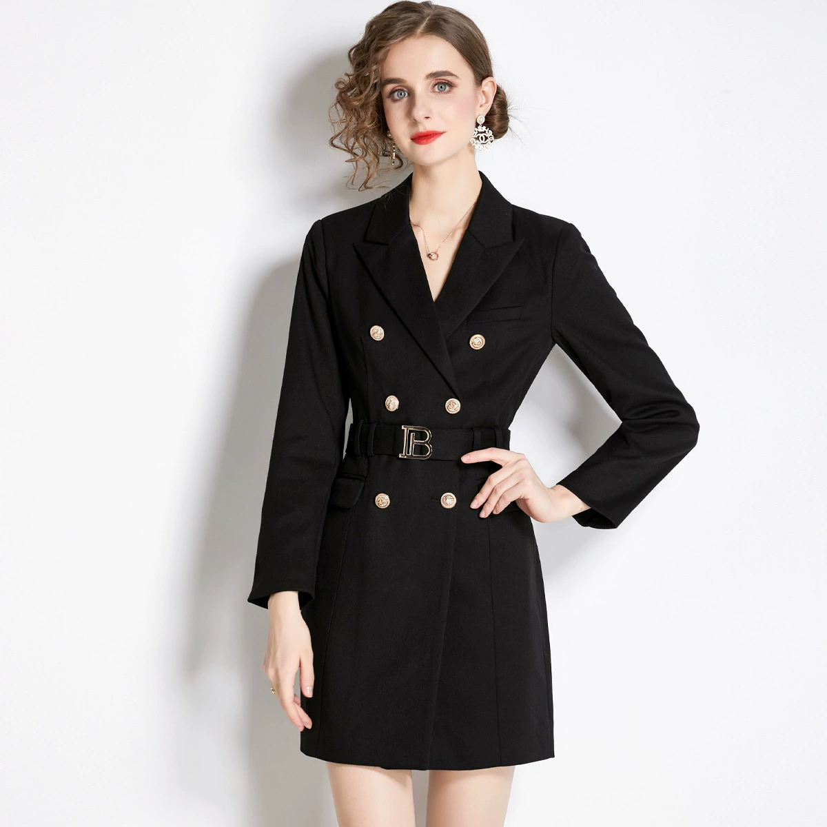 Костюм, длинный рукав, черный приталенный trench coat, платье, осень, 2023, британский стиль