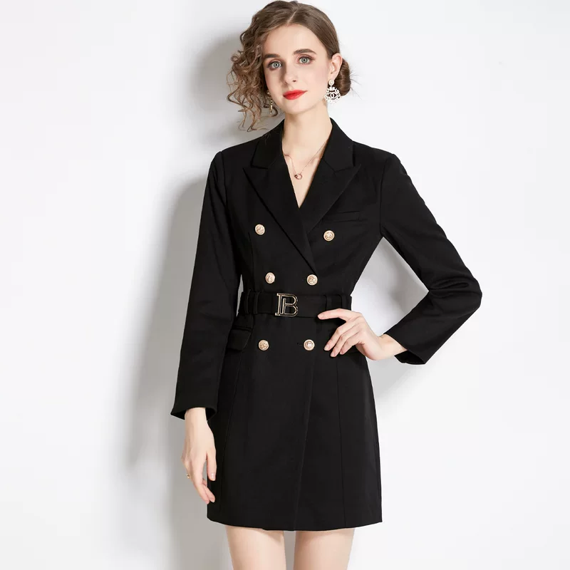 Костюм, длинный рукав, черный приталенный trench coat, платье, осень, 2023, британский стиль