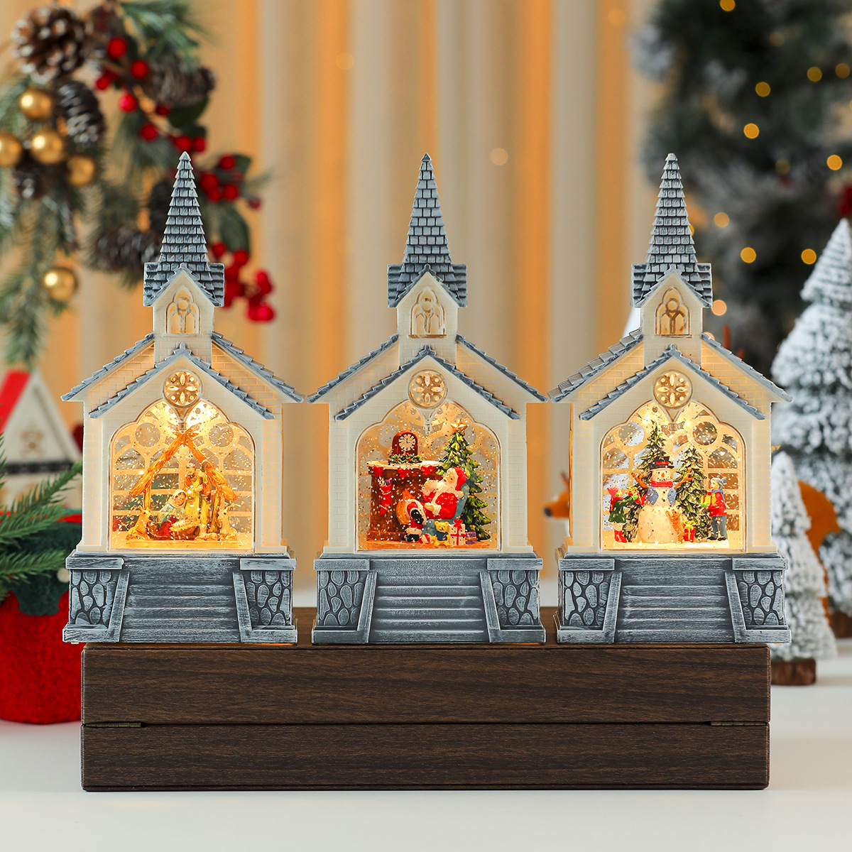 Regalo de Navidad Casa de Santa Claus Lámpara de viento de cristal Decoración de Navidad Decoración de la casa Nieve Música Caja de música