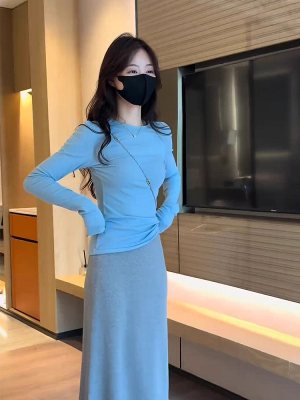 韩系蓝色针织长袖上衣女2025年早秋穿搭小个子修身显瘦内搭打底衫|undefined